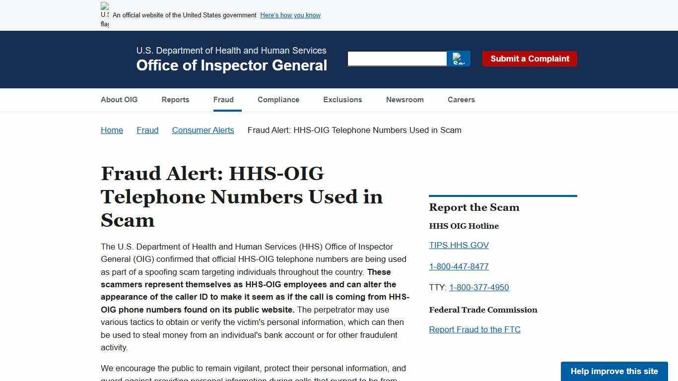 HHS-OIG Telephone Numbers Used in Scam | Office of Inspector General | Government Oversight | U.S. Department of Health and Human Services